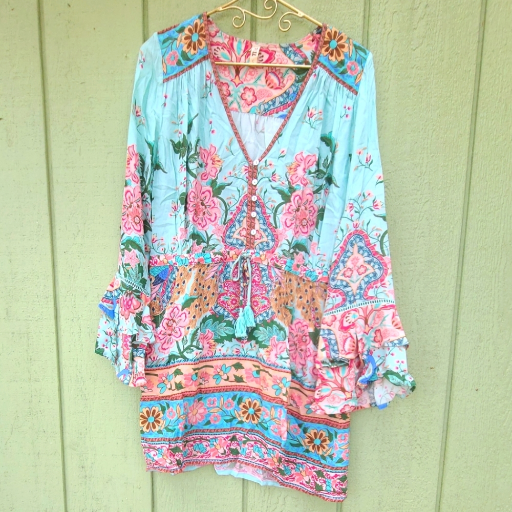 Sample Spell Designs Lotus Playdress Peacock Long-Sleeved Mini Dress S OOAK NWOT